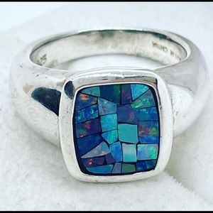 Australian opal mosaic gems set in chunky sterling silver sz 5.